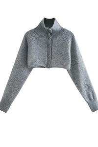 Turtleneck Buttoned Wool Knit Pullover Super Short Sweater