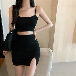 Western-style Knitted Two Piece Female Short Navel Sling Slit Bag Hip Skirt