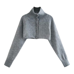 Turtleneck Buttoned Wool Knit Pullover Super Short Sweater